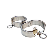 Stainless-steel brass-padlock polished shiny heavy hinged restrains ankle ankle-cuffs oval oval-shaped ellipse locking lockable O-ring durable fetish fashion bdsm bondage bdsm-gear bdsm-toys kink kinky kinky-play adult-toys silver
