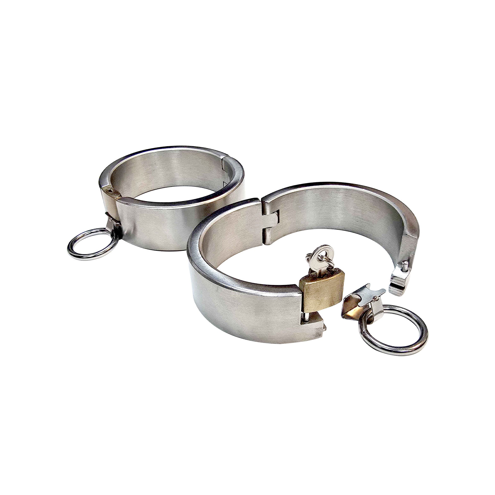 Stainless-steel brass-padlock polished shiny heavy hinged restrains ankle ankle-cuffs oval oval-shaped ellipse locking lockable O-ring durable fetish fashion bdsm bondage bdsm-gear bdsm-toys kink kinky kinky-play adult-toys silver