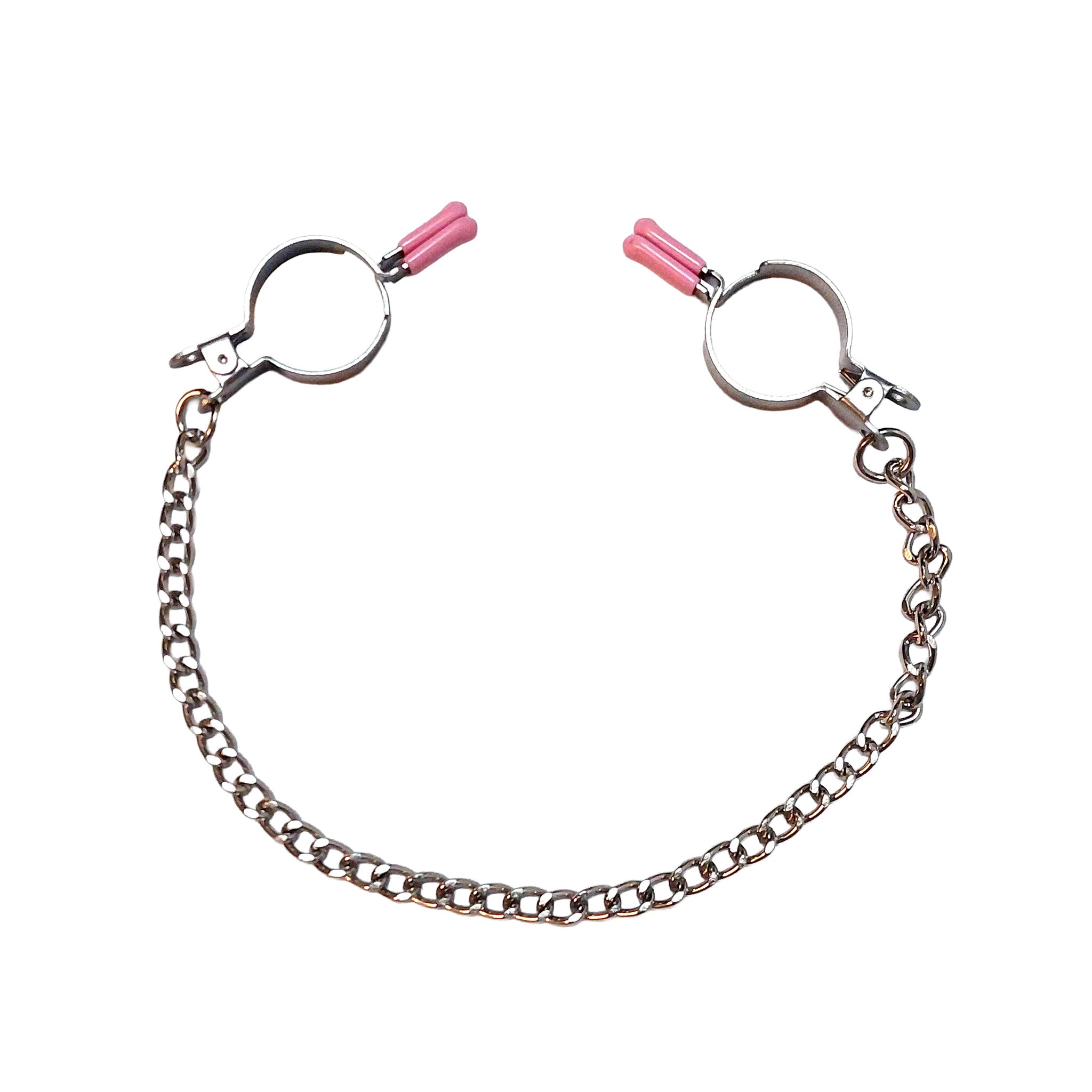 Stainless-steel rubber-caps metallic-chain accessories nipple nipple-play clamp clamp-arm inverted semicircle semi-circle offset contact-tips pressure less-pressure pinch fetish fashion alt-fashion alternative bedroom dungeon bondage bdsm bdsm-gear bdsm-toys kink kinky kink-wear pain discipline gifts stocking-stuffers unisex pink