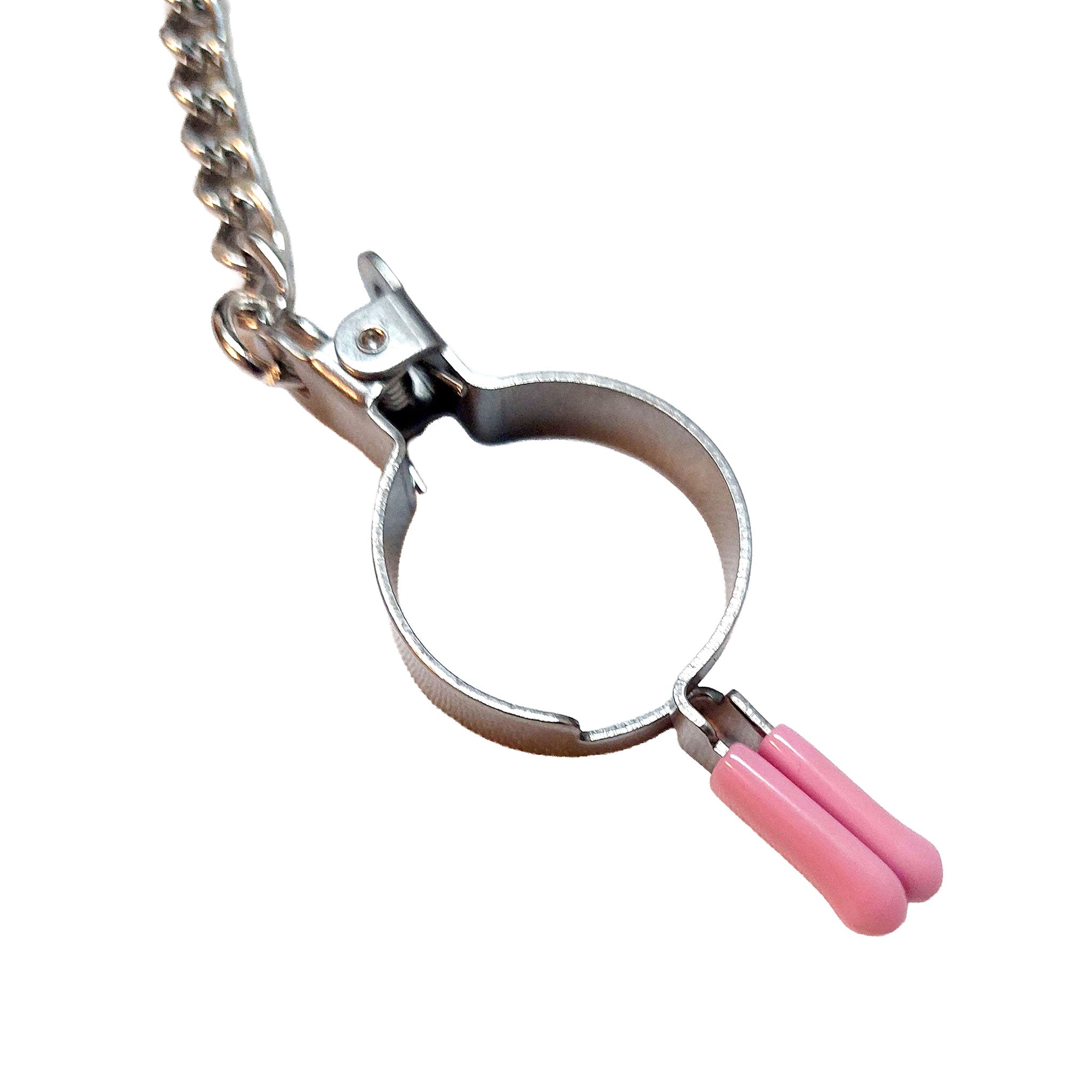 Stainless-steel rubber-caps metallic-chain accessories nipple nipple-play clamp clamp-arm inverted semicircle semi-circle offset contact-tips pressure less-pressure pinch fetish fashion alt-fashion alternative bedroom dungeon bondage bdsm bdsm-gear bdsm-toys kink kinky kink-wear pain discipline gifts stocking-stuffers unisex pink