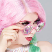 Plastic crystal accessories headgear head-gear eyewear eye-wear sunglasses shades kaleidoscope-lens round-frames nose-pads non-prescription nonprescription glasses-sleeve comfortable trippy ready-to-wear soft fashion alt-fashion rave ravewear raver-babe festival gifts costume cosplay halloween unisex pink 