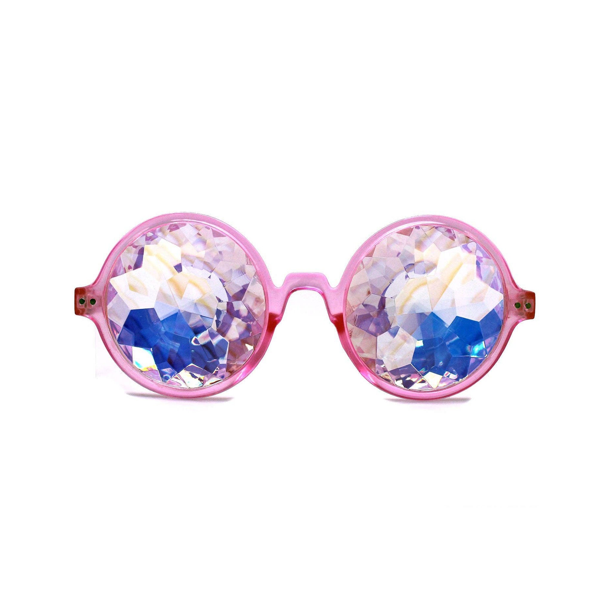 Plastic crystal accessories headgear head-gear eyewear eye-wear sunglasses shades kaleidoscope-lens round-frames nose-pads non-prescription nonprescription glasses-sleeve comfortable trippy ready-to-wear soft fashion alt-fashion rave ravewear raver-babe festival gifts costume cosplay halloween unisex pink 