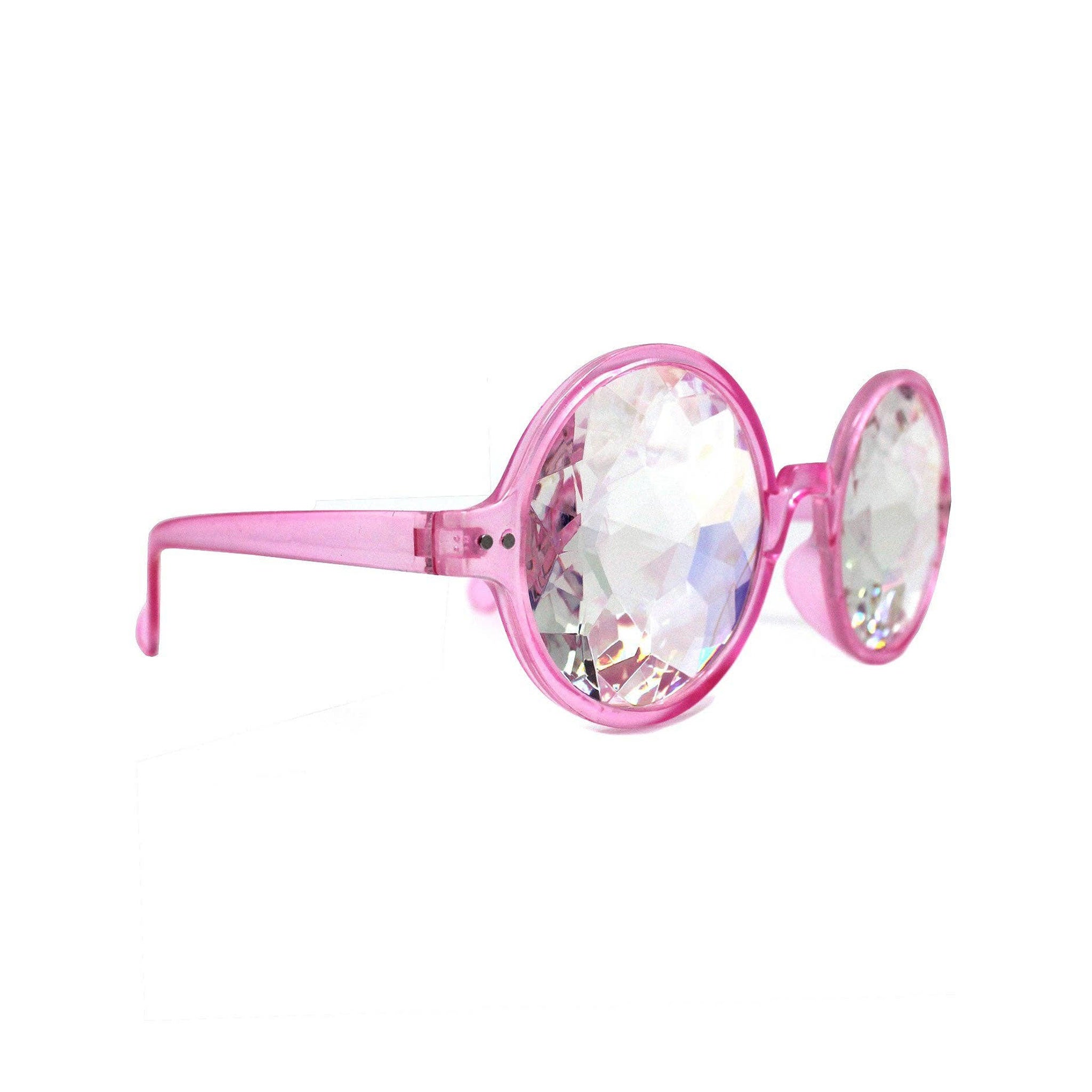 Plastic crystal accessories headgear head-gear eyewear eye-wear sunglasses shades kaleidoscope-lens round-frames nose-pads non-prescription nonprescription glasses-sleeve comfortable trippy ready-to-wear soft fashion alt-fashion rave ravewear raver-babe festival gifts costume cosplay halloween unisex pink 