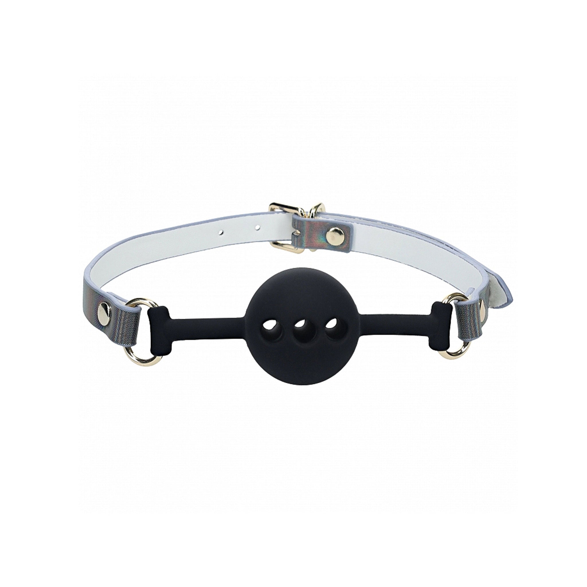 Leather bonded PU PVC iridescent-finish mouth gag ball ballgag ball-gag mouth-gag ventilated breathable adjustable buckle bdsm bdsm-gear bdsm-toys bondage kink kinky kinky-play fetish fashion accessories black paris