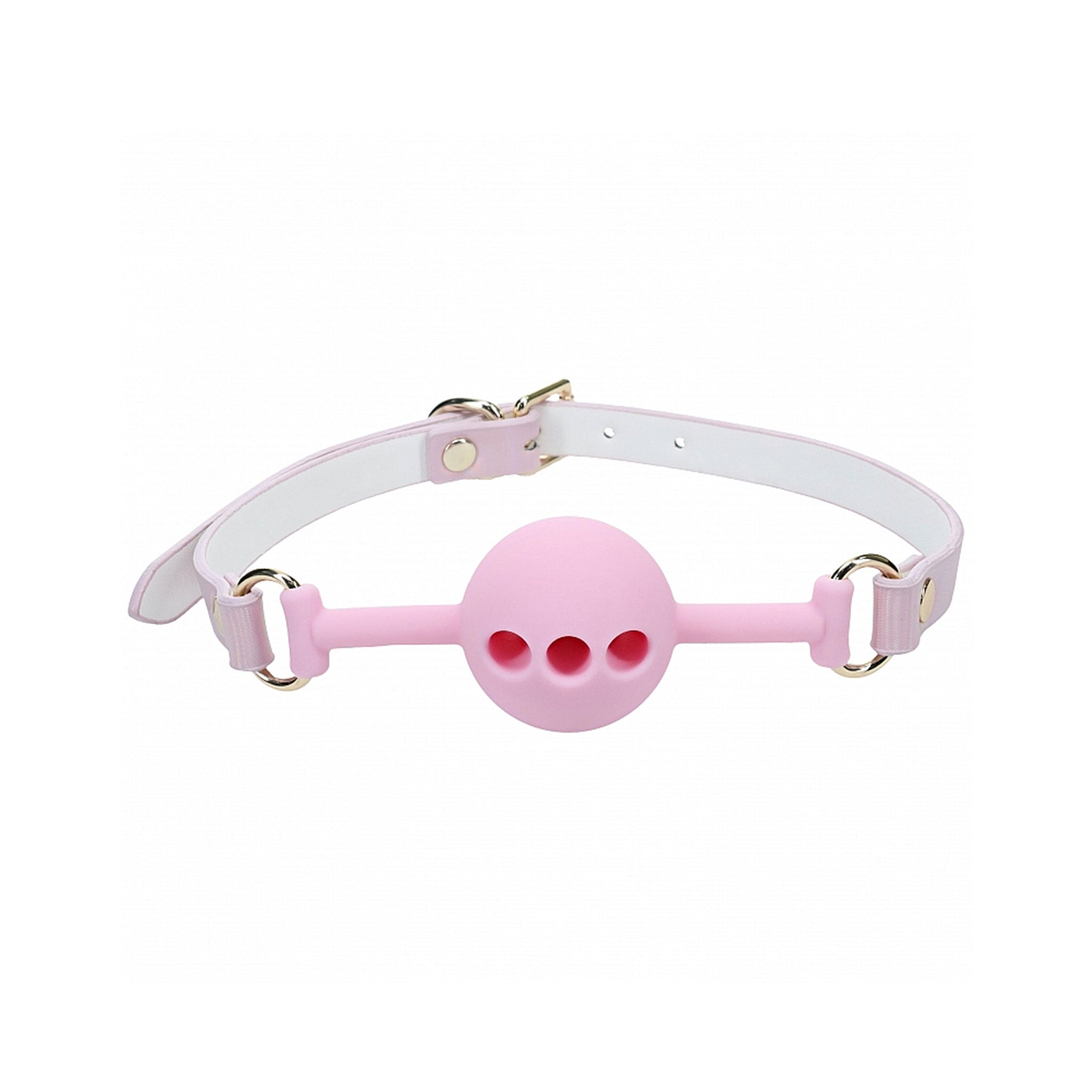 Leather bonded PU PVC iridescent-finish mouth gag ball ballgag ball-gag mouth-gag ventilated breathable adjustable buckle bdsm bdsm-gear bdsm-toys bondage kink kinky kinky-play fetish fashion paris accessories pink