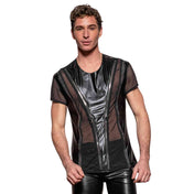 Wetlook matte stretchy top shirt t-shirt tee tshirt rounded neckline quarter short-sleeve short sleeve front zipper mesh panels paneled V-shape black