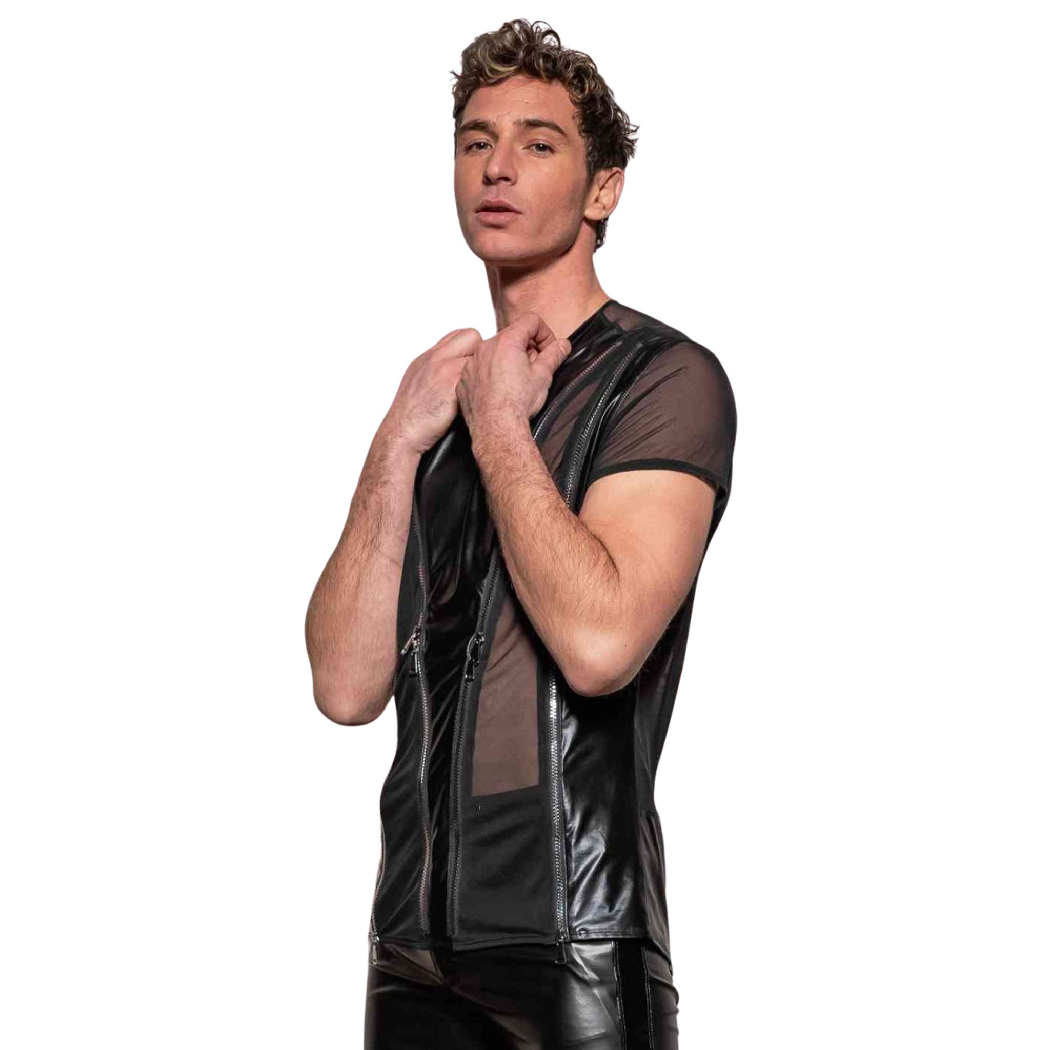 Wetlook matte stretchy top shirt t-shirt tee tshirt rounded neckline quarter short-sleeve short sleeve front zipper mesh panels paneled V-shape black