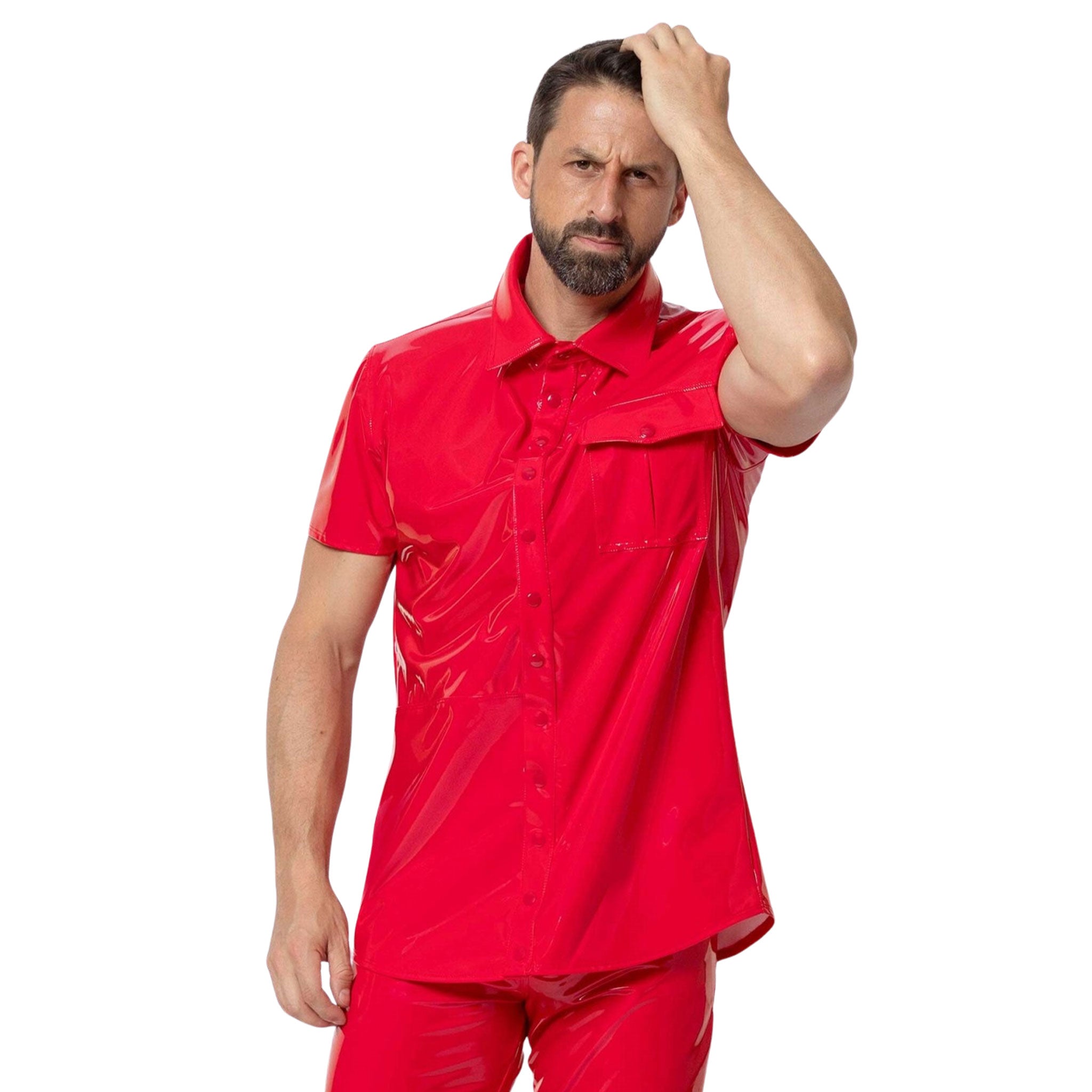 PVC vinyl top shirt button-up button-down short sleeve collared breast pocket asymmetrical horizontal seams snap-button press-studs valentine's gift red