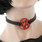 Leather vegan-leather metallic accessories neckwear collar choker pentagram pentacle inverted-pentacle adjustable buckle edgy stylish simple fashion alt-fashion alternative punk rock heavy-metal goth gothic festival emo scene bondage bdsm bdsm-toys bdsm-gear kink kinky kinkwear costume cosplay halloween halloween-accessories succubus devil demon gifts unisex red