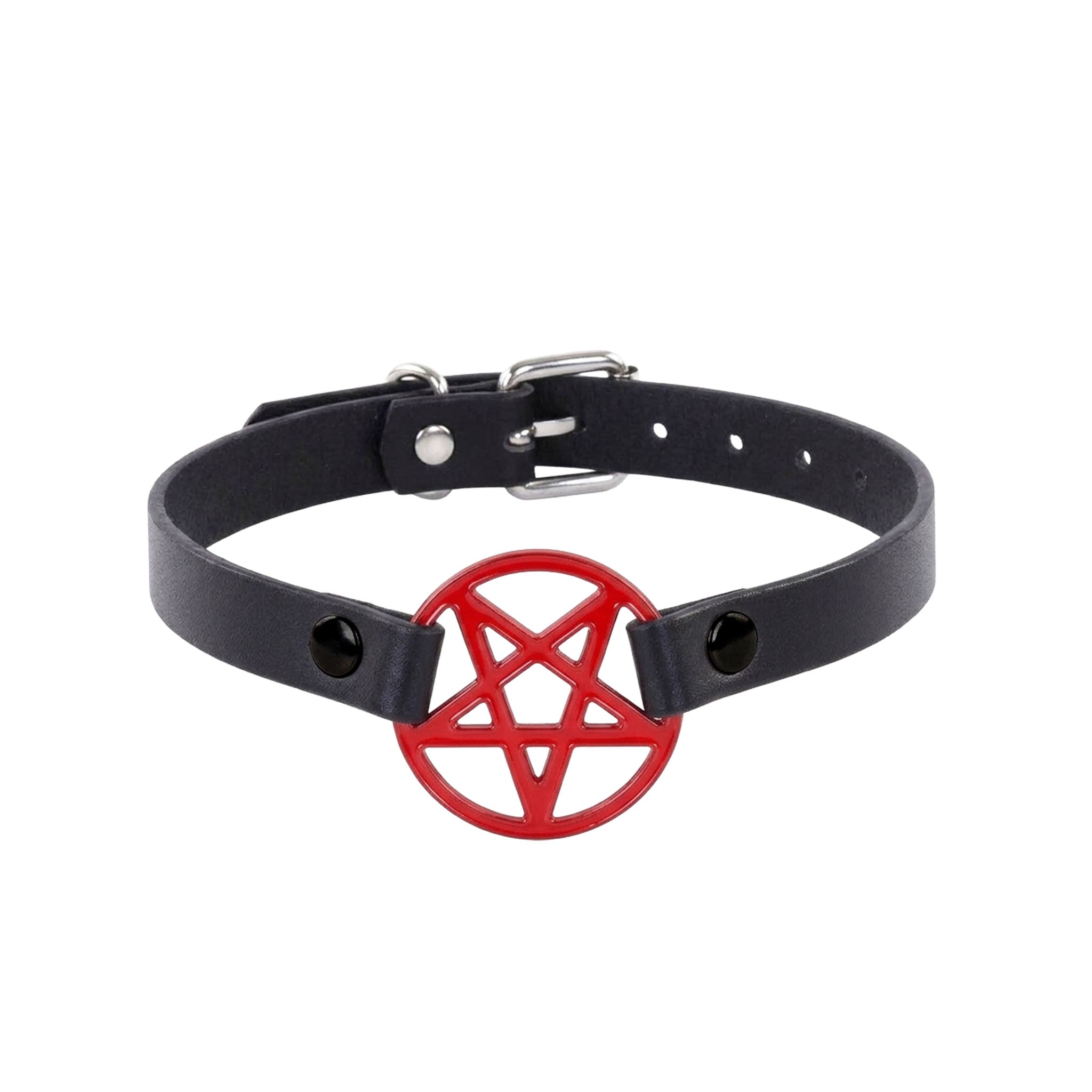 Leather vegan-leather metallic accessories neckwear collar choker pentagram pentacle inverted-pentacle adjustable buckle edgy stylish simple fashion alt-fashion alternative punk rock heavy-metal goth gothic festival emo scene bondage bdsm bdsm-toys bdsm-gear kink kinky kinkwear costume cosplay halloween halloween-accessories succubus devil demon gifts unisex red