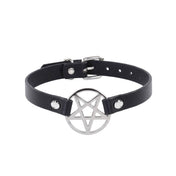 Leather vegan-leather metallic accessories neckwear collar choker pentagram pentacle inverted-pentacle adjustable buckle edgy stylish simple fashion alt-fashion alternative punk rock heavy-metal goth gothic festival emo scene bondage bdsm bdsm-toys bdsm-gear kink kinky kinkwear costume cosplay halloween halloween-accessories succubus devil demon gifts unisex silver