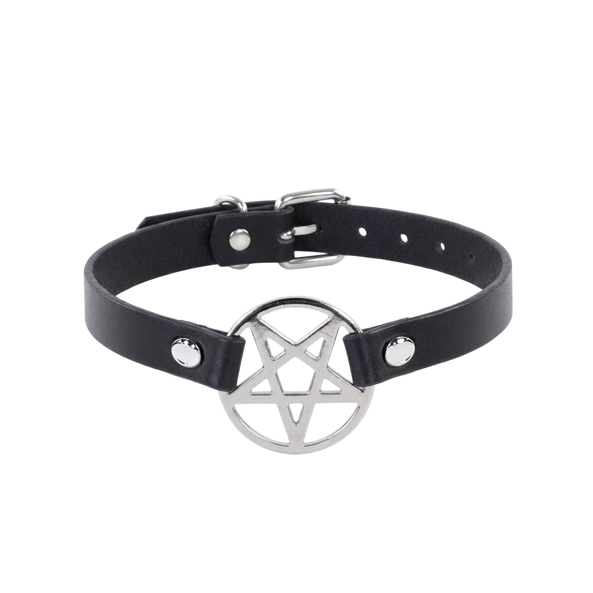 Leather vegan-leather metallic accessories neckwear collar choker pentagram pentacle inverted-pentacle adjustable buckle edgy stylish simple fashion alt-fashion alternative punk rock heavy-metal goth gothic festival emo scene bondage bdsm bdsm-toys bdsm-gear kink kinky kinkwear costume cosplay halloween halloween-accessories succubus devil demon gifts unisex silver