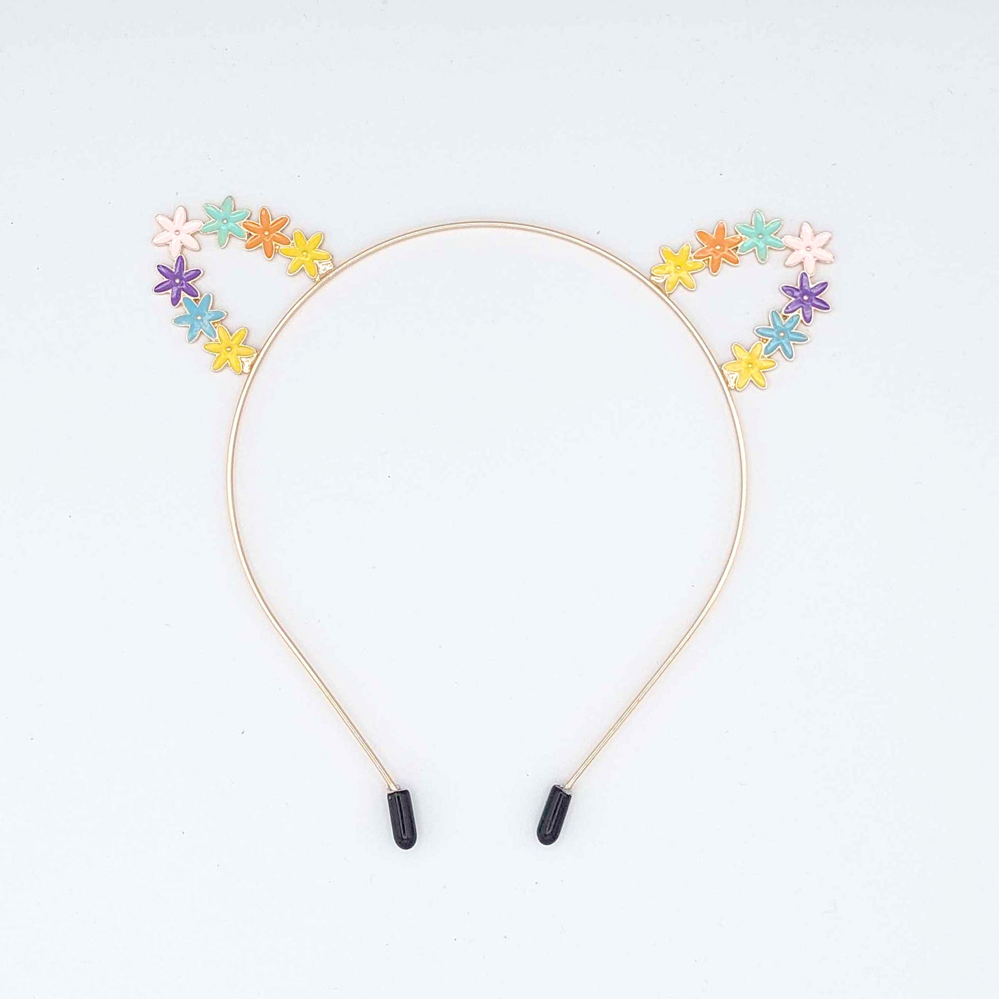 Flexible metallic headband hairband headgear kitty cat ears fun pet-play accessories halloween enamel flowers multi-color