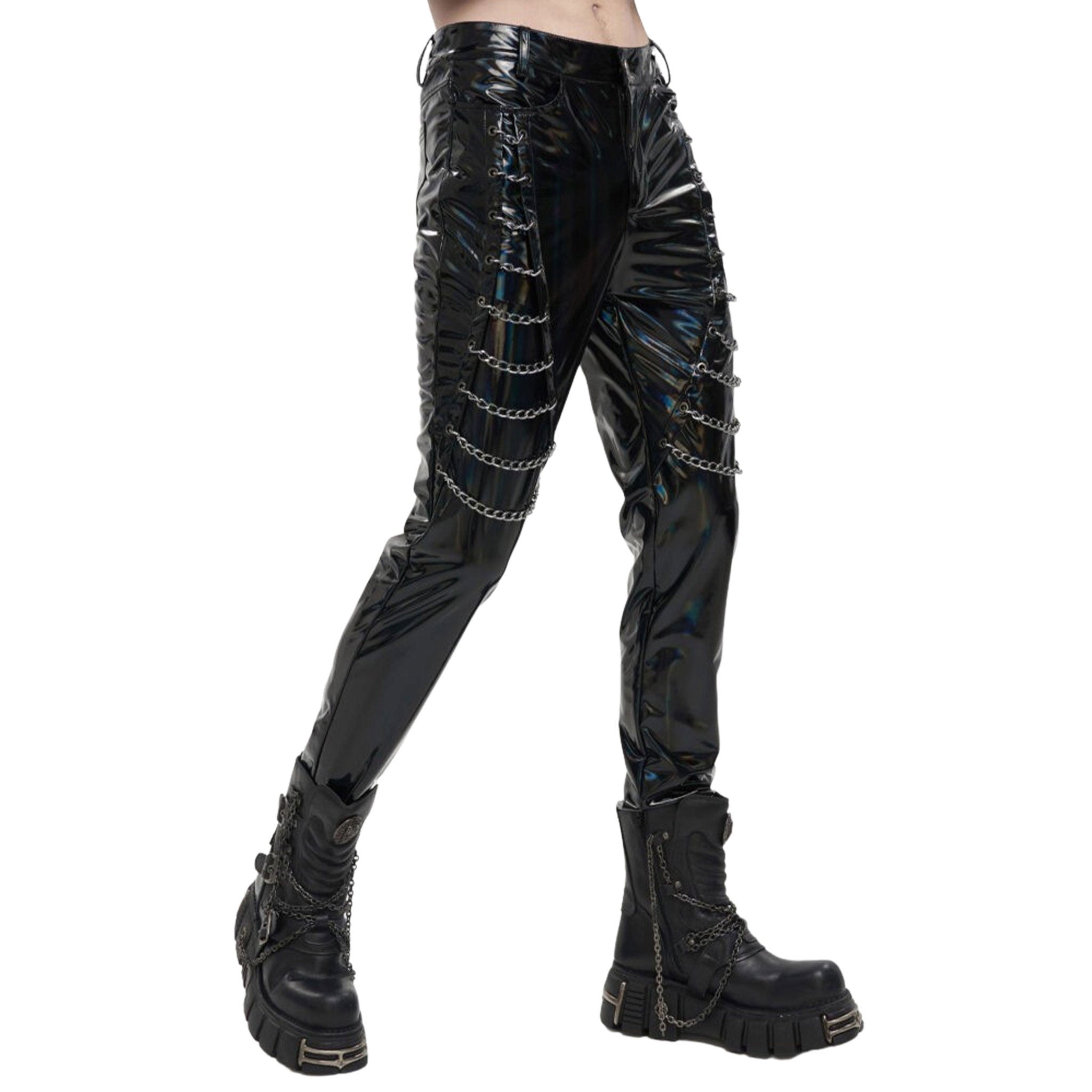 Holographic PVC Pants with Chain  Black