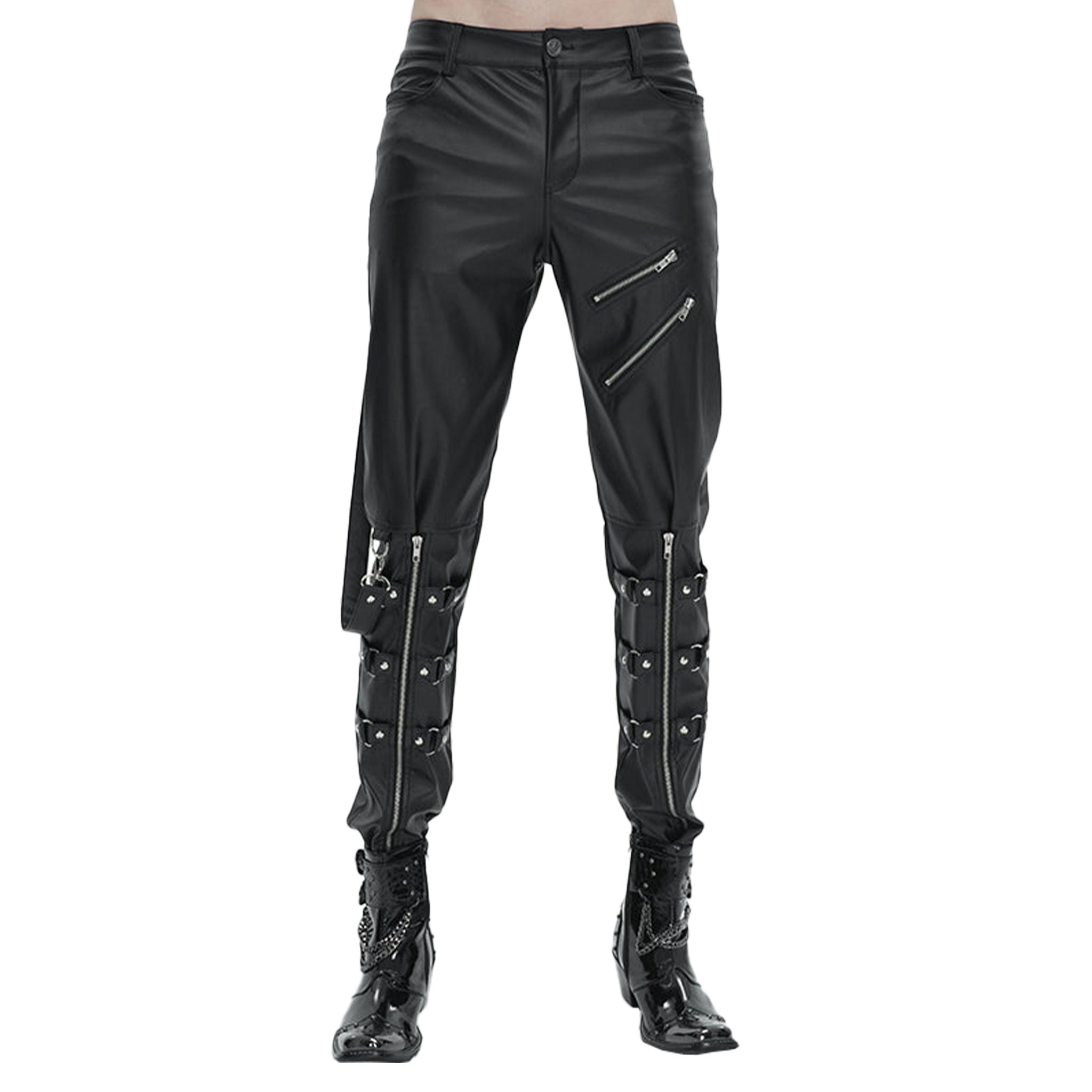 PVC vinyl wetlook matte shiny high-shine glossy synthetic faux leather coarse grain bottoms pants trousers straight-leg breeches second-skin zipper zippers legs straps goth gothic punk fetish fashion black