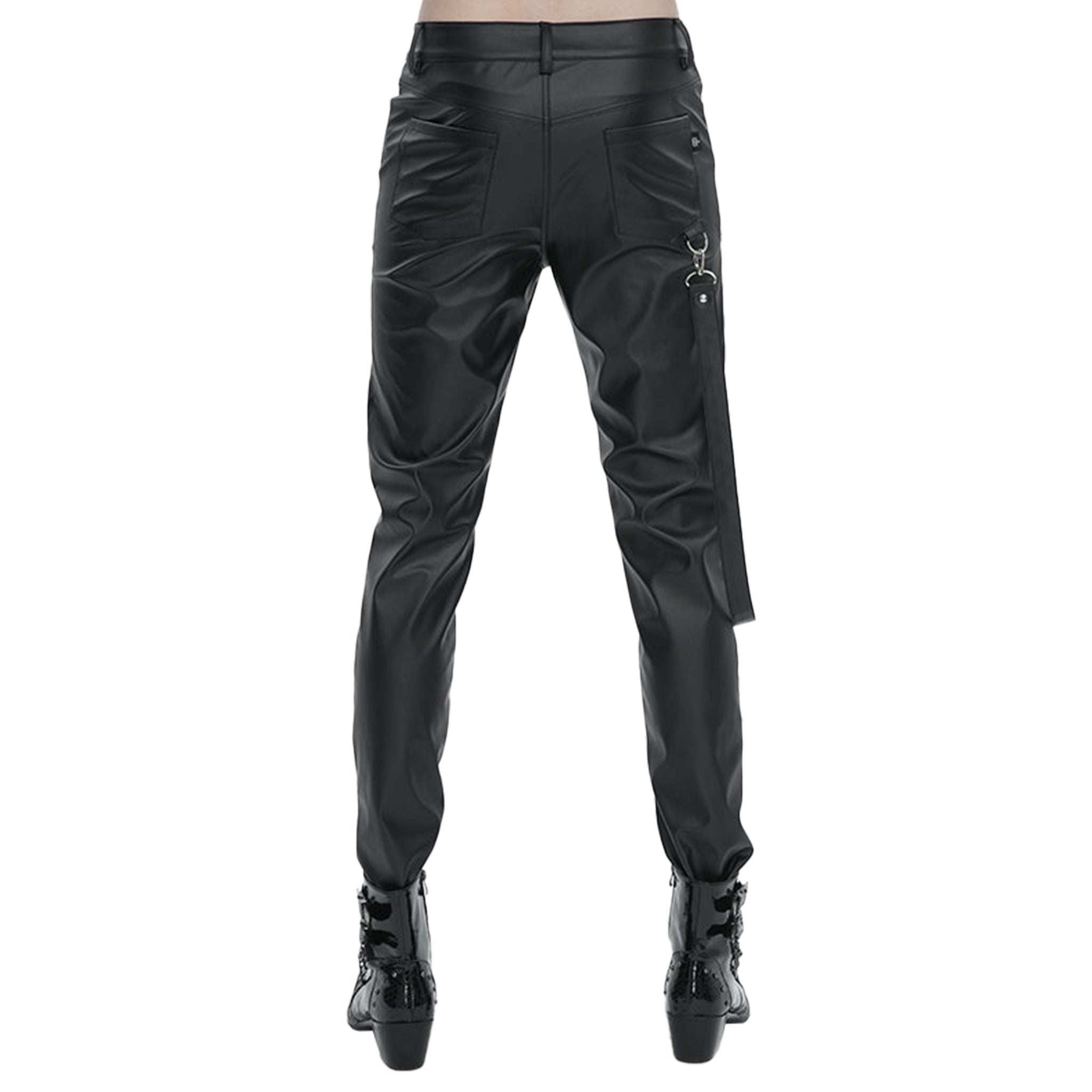 PVC vinyl wetlook matte shiny high-shine glossy synthetic faux leather coarse grain bottoms pants trousers straight-leg breeches second-skin zipper zippers legs straps goth gothic punk fetish fashion black