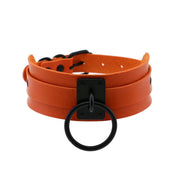 Leather PU-leather metallic-alloy accessories collar choker dual-layer lockplate O-ring adjustable buckle wide colorful matte-finish layered versatile trendy edgy daring fetish fashion alt-fashion alternative punk goth gothic festival bedroom dungeon clubbing clubwear casual everyday bondage bondage-collar bdsm bdsm-gear bdsm-toys bdsm-fashion costume cosplay halloween halloween-accessories gifts unisex black-ring orange