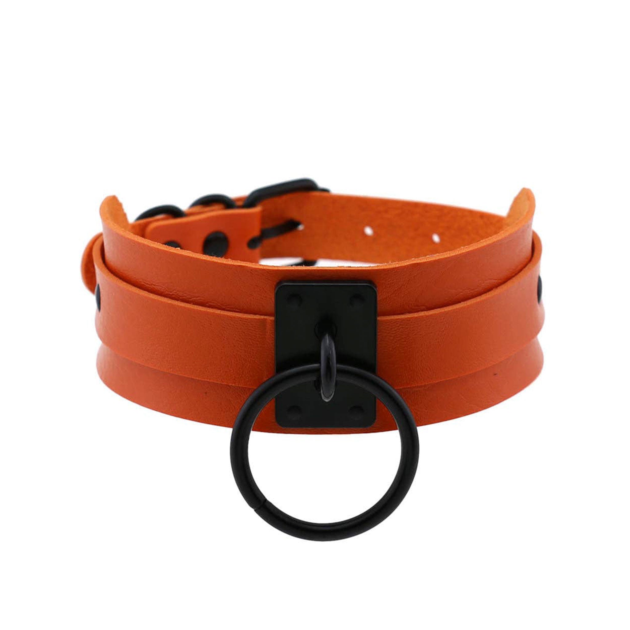 Leather PU-leather metallic-alloy accessories collar choker dual-layer lockplate O-ring adjustable buckle wide colorful matte-finish layered versatile trendy edgy daring fetish fashion alt-fashion alternative punk goth gothic festival bedroom dungeon clubbing clubwear casual everyday bondage bondage-collar bdsm bdsm-gear bdsm-toys bdsm-fashion costume cosplay halloween halloween-accessories gifts unisex black-ring orange