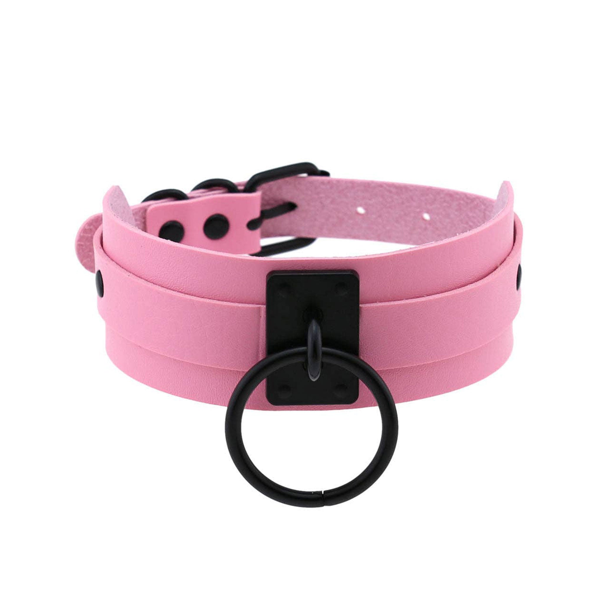 Leather PU-leather metallic-alloy accessories collar choker dual-layer lockplate O-ring adjustable buckle wide colorful matte-finish layered versatile trendy edgy daring fetish fashion alt-fashion alternative punk goth gothic festival bedroom dungeon clubbing clubwear casual everyday bondage bondage-collar bdsm bdsm-gear bdsm-toys bdsm-fashion costume cosplay halloween halloween-accessories gifts unisex black-ring pink