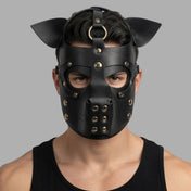 Leather PU-leather studded-leather accessories headgear head-gear mask hood studded studs riveted detachable removable snap-button press-stud snout flexible-ears D-ring O-ring adjustable buckle flexible bondage bdsm bdsm-gear bdsm-toys kink kinky kinky-play costume cosplay halloween halloween-couture animal furry yiff pup puppy pup-play pet-play roleplay role-play couples couples-play adult-toys unisex black
