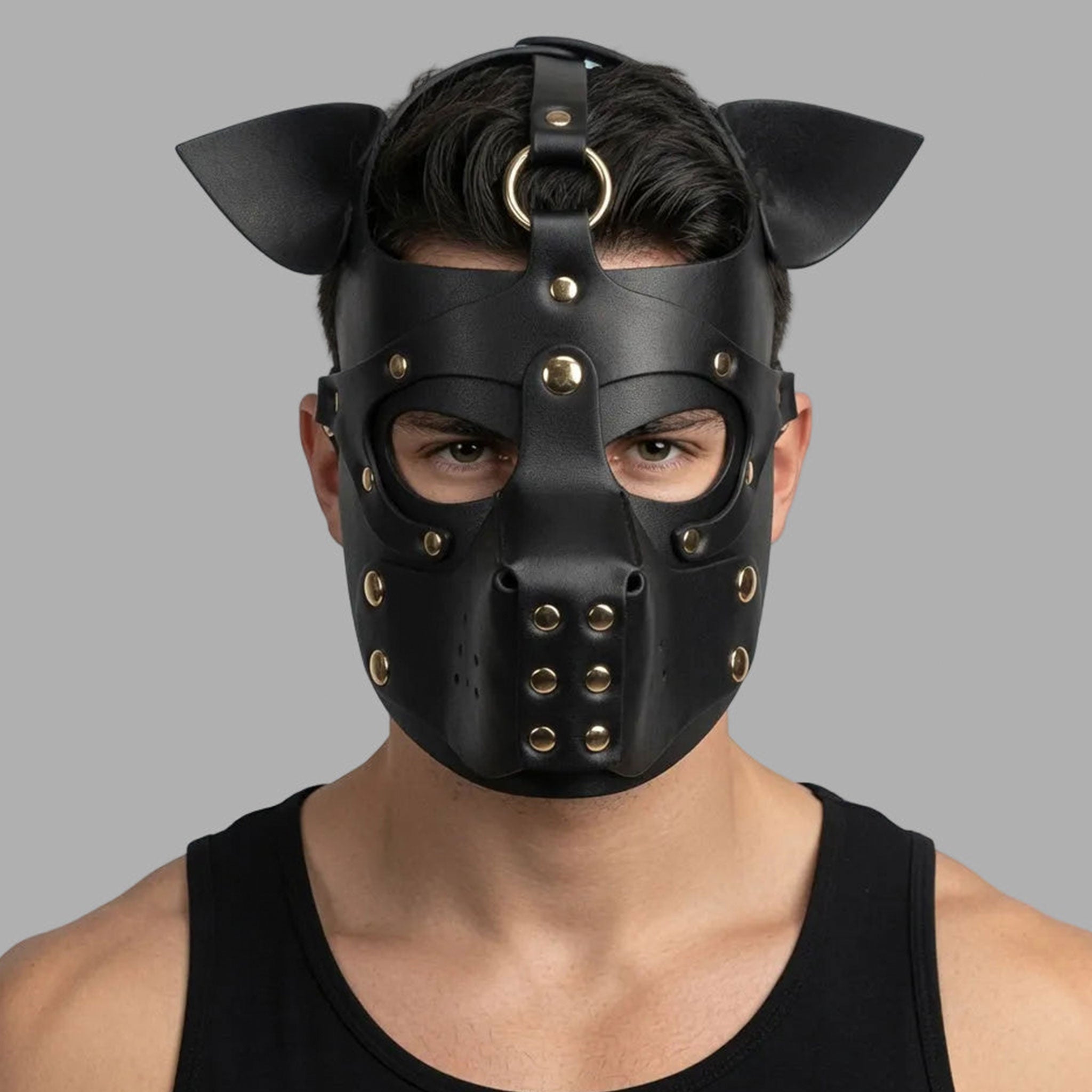 Leather PU-leather studded-leather accessories headgear head-gear mask hood studded studs riveted detachable removable snap-button press-stud snout flexible-ears D-ring O-ring adjustable buckle flexible bondage bdsm bdsm-gear bdsm-toys kink kinky kinky-play costume cosplay halloween halloween-couture animal furry yiff pup puppy pup-play pet-play roleplay role-play couples couples-play adult-toys unisex black