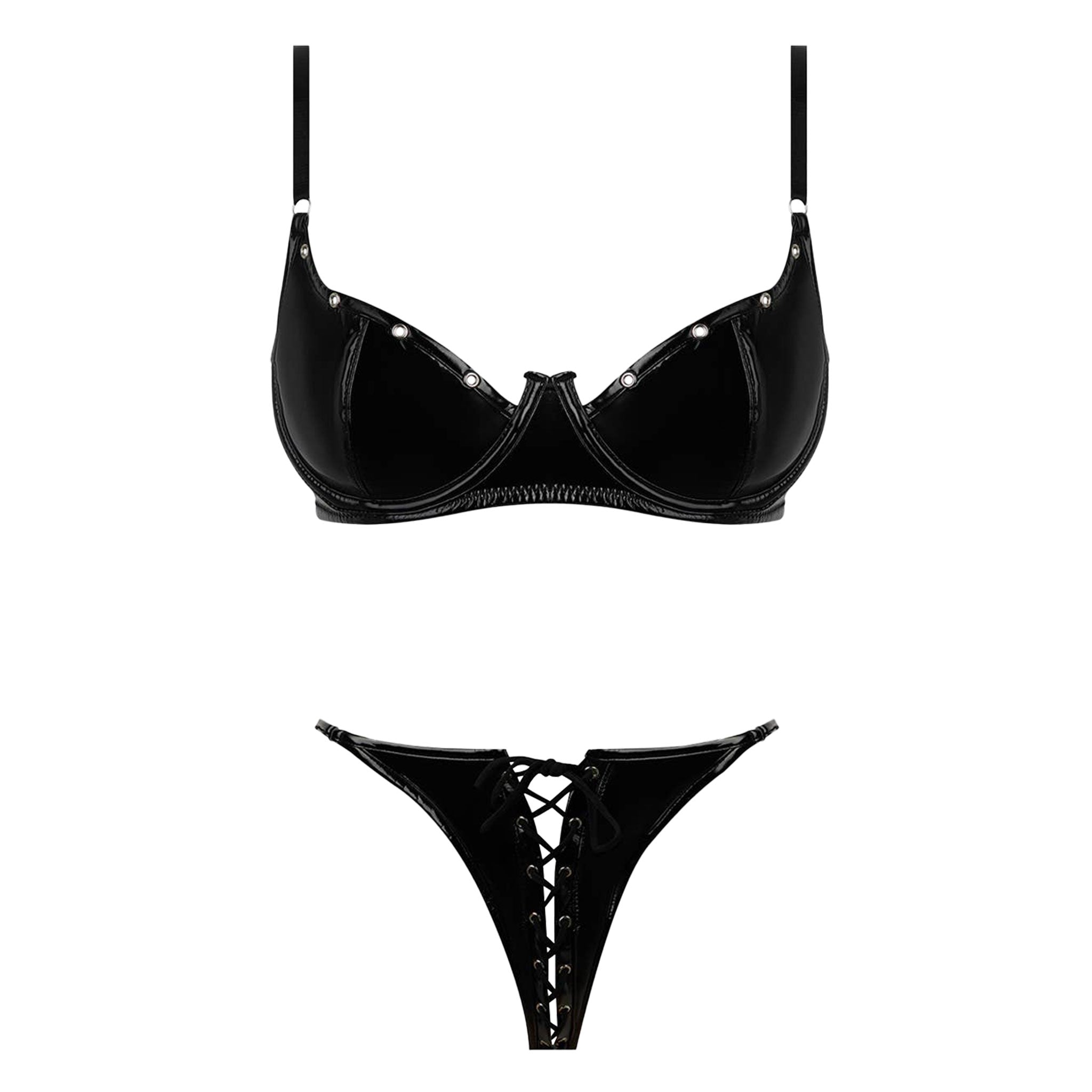 pvc bra lace-up crotchless panty set patent vinyl lingerie shiny underwire grommet strappy fetishwear sexy edgy cyber latex look fetish factory