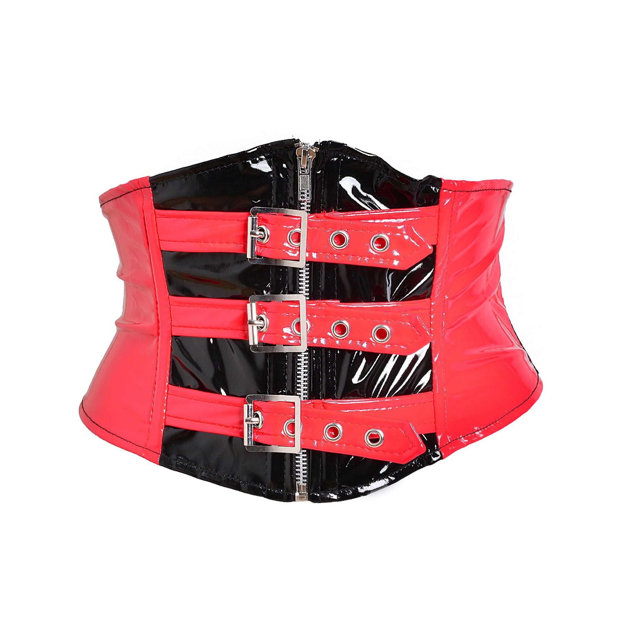 PVC vinyl apparel accessories tops shapewear cincher waist-cincher underbust under-bust plastic-boning waspie zipper front-zip adjustable buckle front-buckle buckle-closure shiny glossy flexible striking fetish fashion alt-fashion alternative punk goth gothic goth-doll cyber rave ravewear raver-babe festivalwear dancewear clubwear kink kinky kinkwear costume cosplay halloween female femme feminine women red black