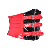 PVC vinyl apparel accessories tops shapewear cincher waist-cincher underbust under-bust plastic-boning waspie zipper front-zip adjustable buckle front-buckle buckle-closure shiny glossy flexible striking fetish fashion alt-fashion alternative punk goth gothic goth-doll cyber rave ravewear raver-babe festivalwear dancewear clubwear kink kinky kinkwear costume cosplay halloween female femme feminine women red black