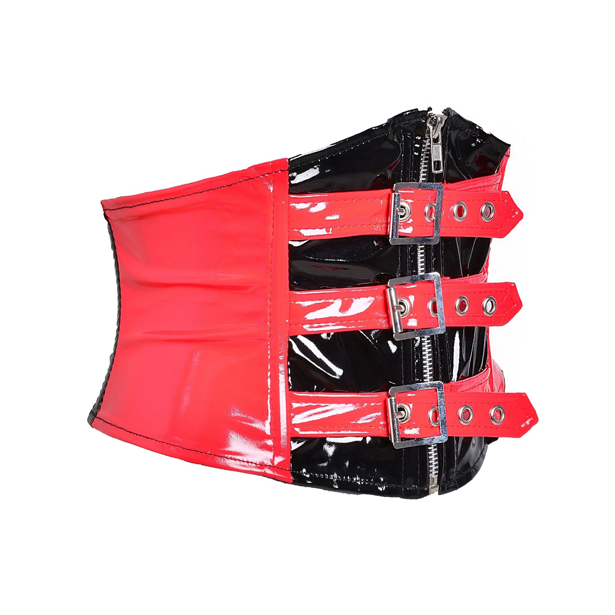 PVC vinyl apparel accessories tops shapewear cincher waist-cincher underbust under-bust plastic-boning waspie zipper front-zip adjustable buckle front-buckle buckle-closure shiny glossy flexible striking fetish fashion alt-fashion alternative punk goth gothic goth-doll cyber rave ravewear raver-babe festivalwear dancewear clubwear kink kinky kinkwear costume cosplay halloween female femme feminine women red black