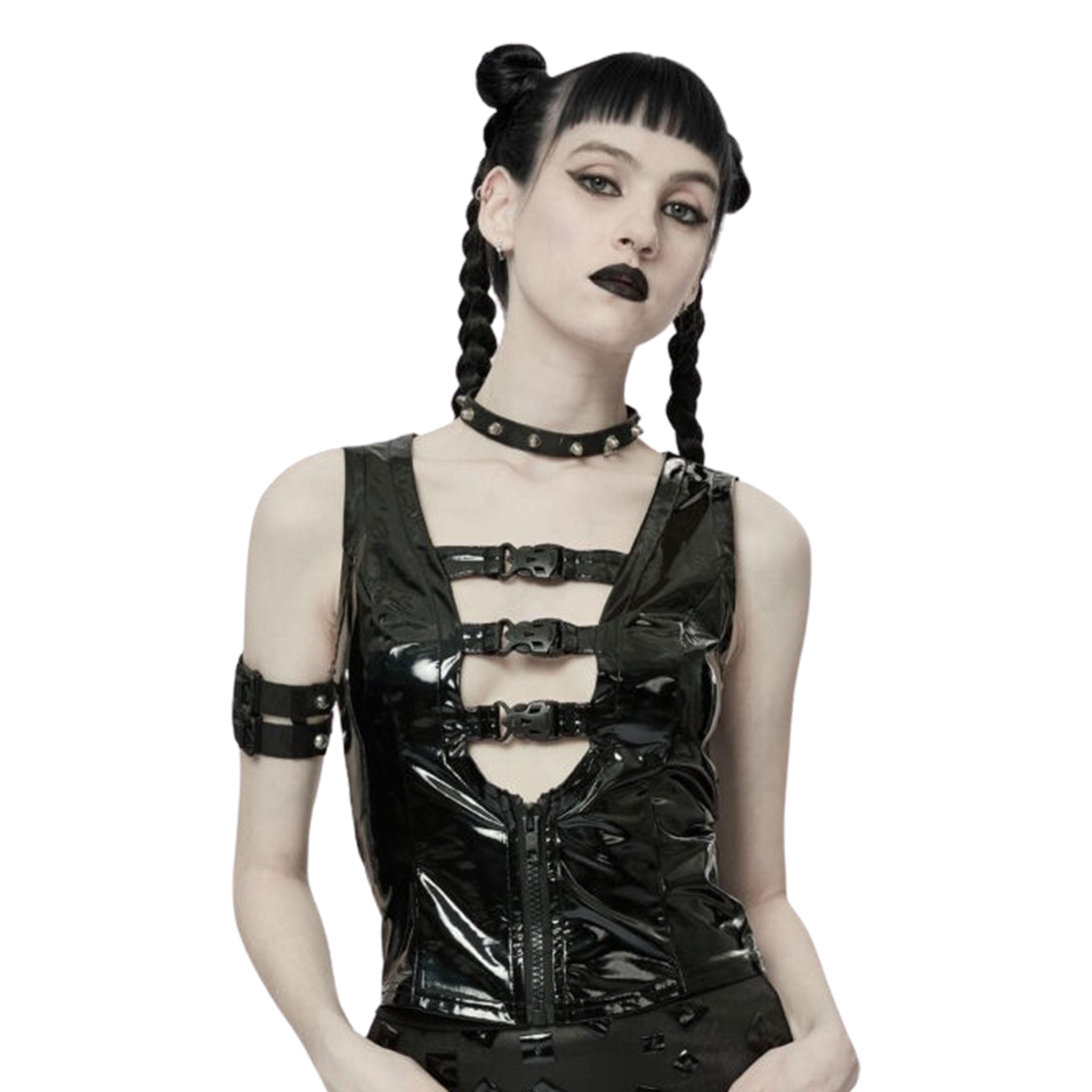 PVC vinyl polyurethane polyester cotton elastane stretch-cotton stretch-PVC top sleeveless buckle-front safety-buckle front-zip zipper skull-buckle deep-cleavage high-gloss shiny stretchy big-bosom big-tits fetish fashion alt-fashion cyber cyber-punk female femme feminine women black