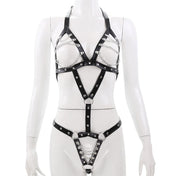 Leather vegan-leather PVC chains hanging-chains accessories harness body-harness teddy adjustable buckles studs studded O-ring strappy sexy fetish fashion alt-fashion fetish-inspired bondage bdsm bdsm-fashion kink kinky kinkwear costume cosplay halloween dom dominatrix female femme feminine womens black