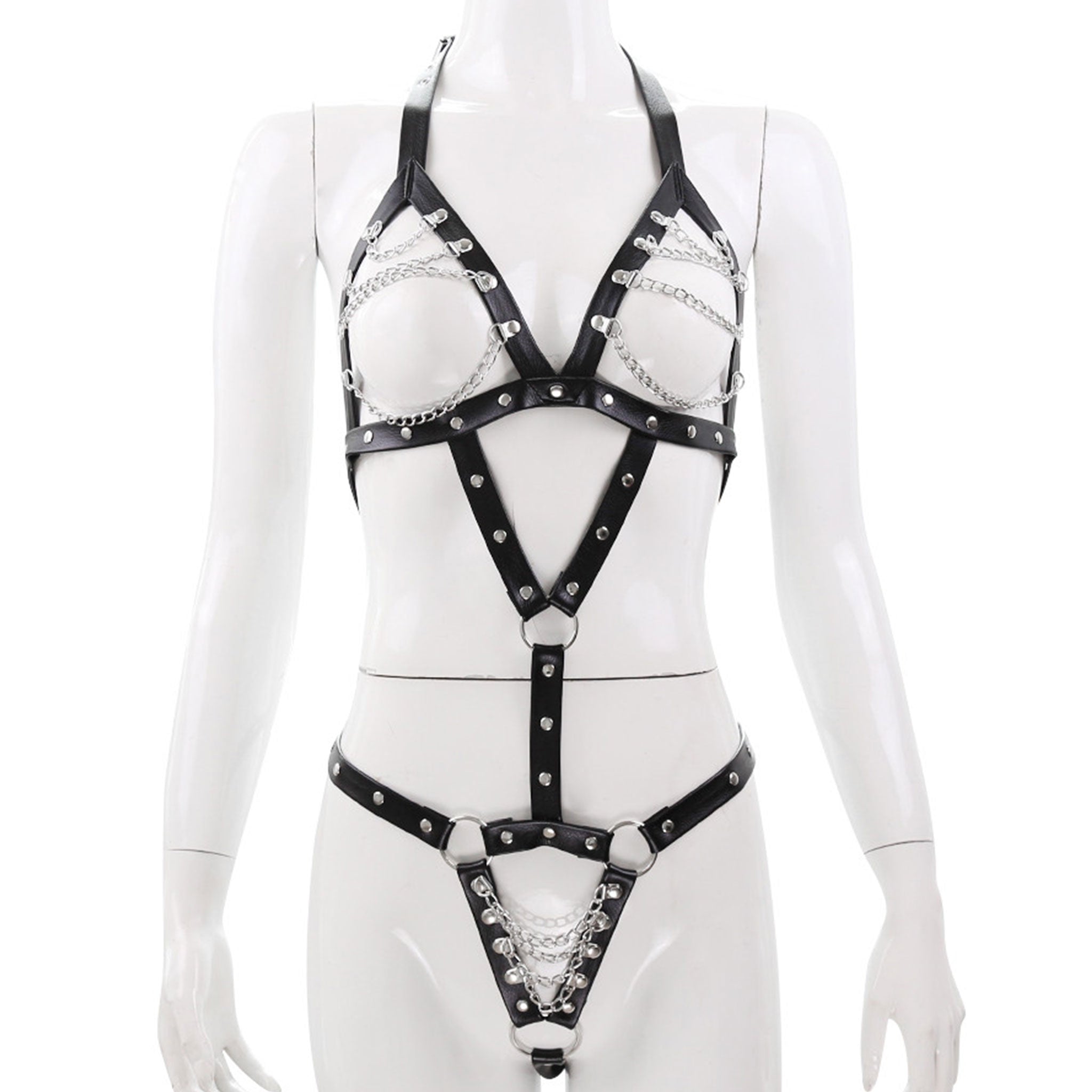 Leather vegan-leather PVC chains hanging-chains accessories harness body-harness teddy adjustable buckles studs studded O-ring strappy sexy fetish fashion alt-fashion fetish-inspired bondage bdsm bdsm-fashion kink kinky kinkwear costume cosplay halloween dom dominatrix female femme feminine womens black