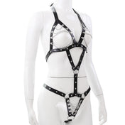 Leather vegan-leather PVC chains hanging-chains accessories harness body-harness teddy adjustable buckles studs studded O-ring strappy sexy fetish fashion alt-fashion fetish-inspired bondage bdsm bdsm-fashion kink kinky kinkwear costume cosplay halloween dom dominatrix female femme feminine womens black