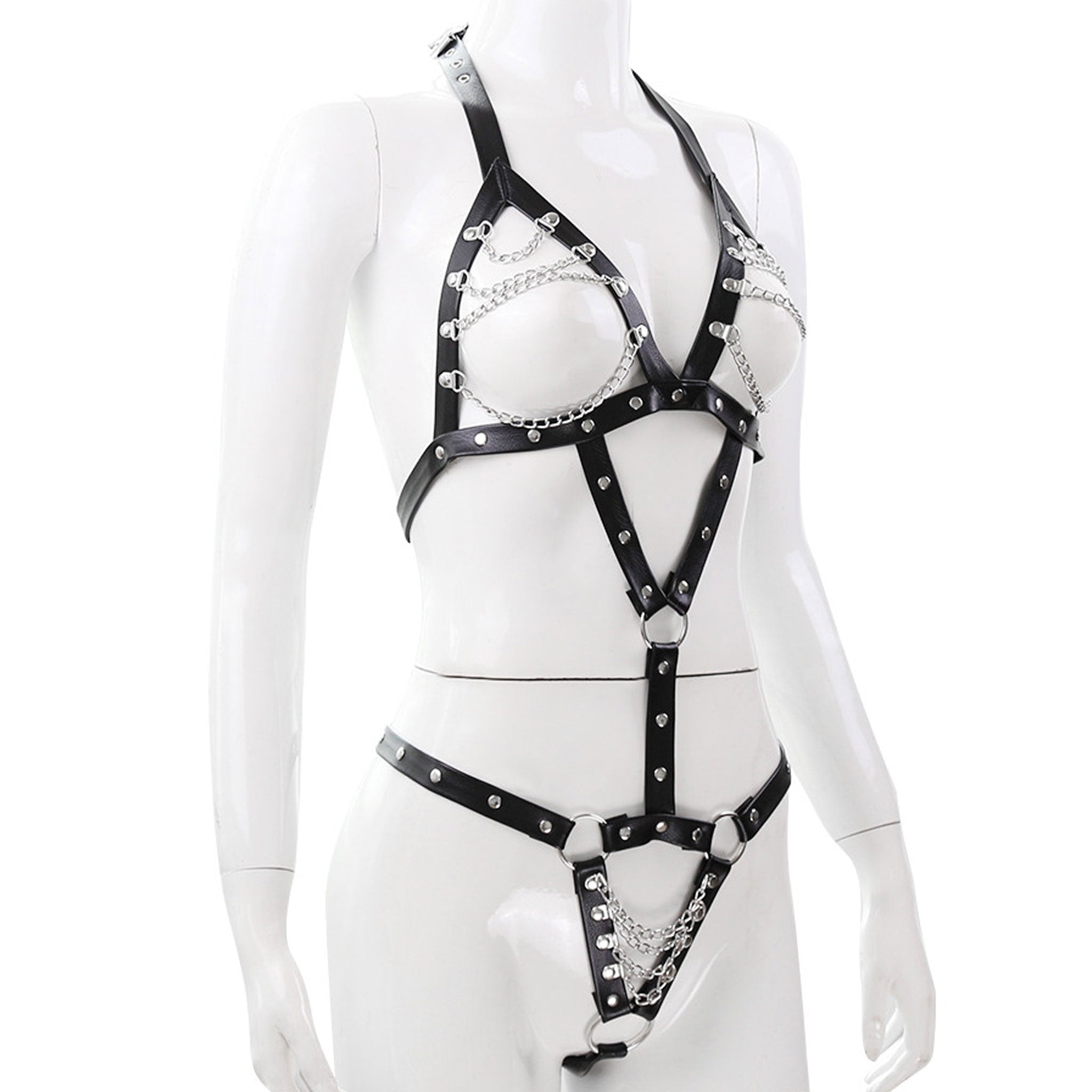 Leather vegan-leather PVC chains hanging-chains accessories harness body-harness teddy adjustable buckles studs studded O-ring strappy sexy fetish fashion alt-fashion fetish-inspired bondage bdsm bdsm-fashion kink kinky kinkwear costume cosplay halloween dom dominatrix female femme feminine womens black