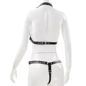 Leather vegan-leather PVC chains hanging-chains accessories harness body-harness teddy adjustable buckles studs studded O-ring strappy sexy fetish fashion alt-fashion fetish-inspired bondage bdsm bdsm-fashion kink kinky kinkwear costume cosplay halloween dom dominatrix female femme feminine womens black