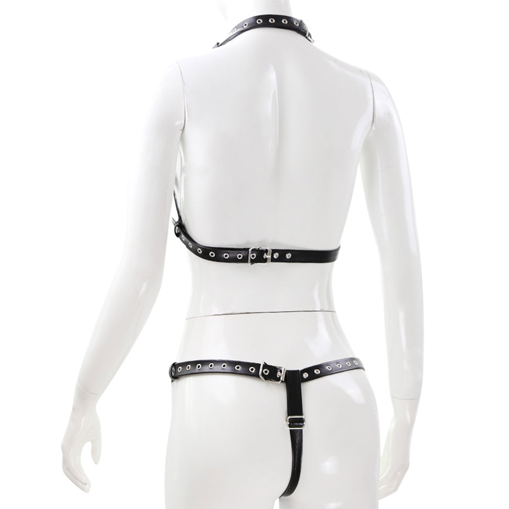 Leather vegan-leather PVC chains hanging-chains accessories harness body-harness teddy adjustable buckles studs studded O-ring strappy sexy fetish fashion alt-fashion fetish-inspired bondage bdsm bdsm-fashion kink kinky kinkwear costume cosplay halloween dom dominatrix female femme feminine womens black