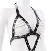 Leather vegan-leather PVC chains hanging-chains accessories harness body-harness teddy adjustable buckles studs studded O-ring strappy sexy fetish fashion alt-fashion fetish-inspired bondage bdsm bdsm-fashion kink kinky kinkwear costume cosplay halloween dom dominatrix female femme feminine womens black