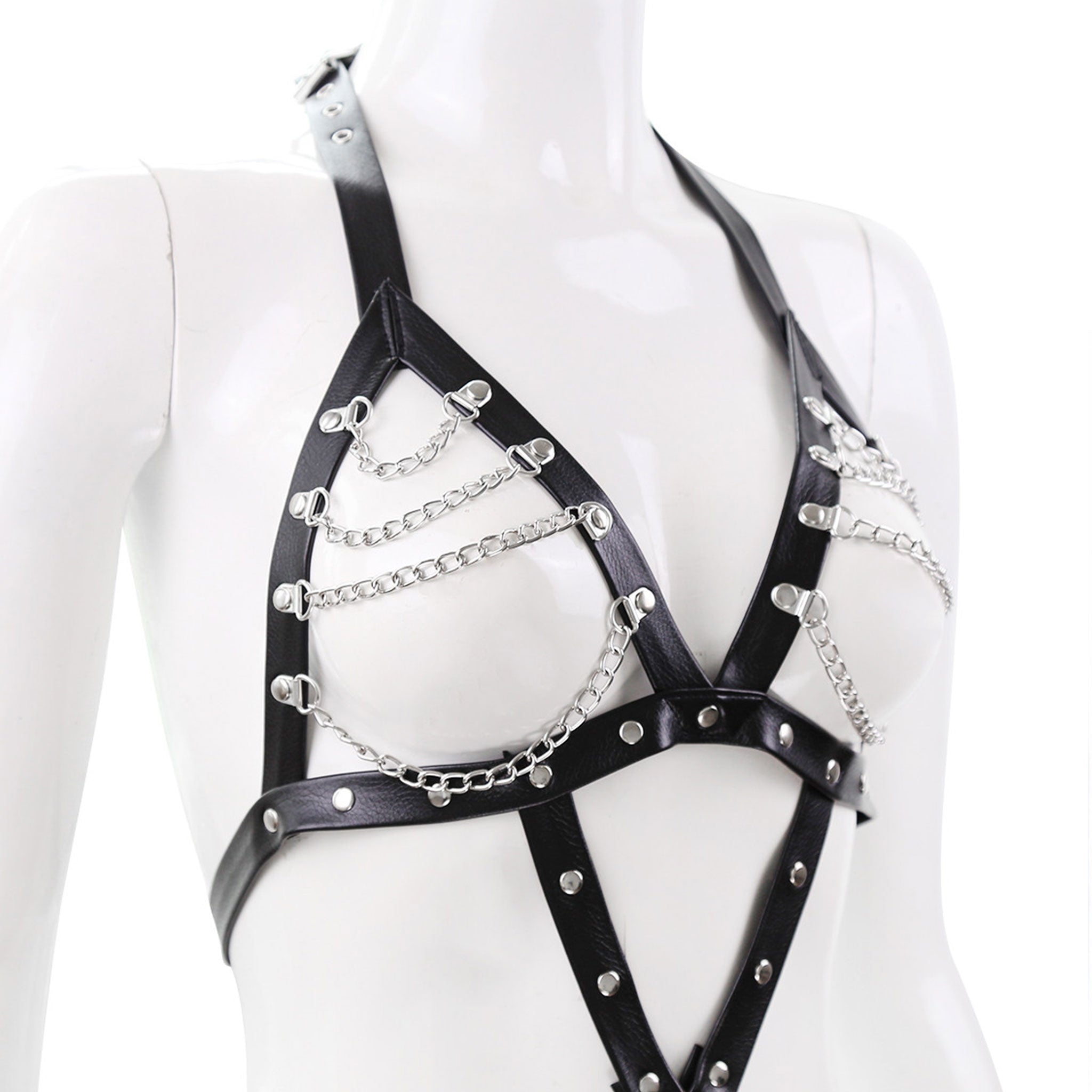 Leather vegan-leather PVC chains hanging-chains accessories harness body-harness teddy adjustable buckles studs studded O-ring strappy sexy fetish fashion alt-fashion fetish-inspired bondage bdsm bdsm-fashion kink kinky kinkwear costume cosplay halloween dom dominatrix female femme feminine womens black