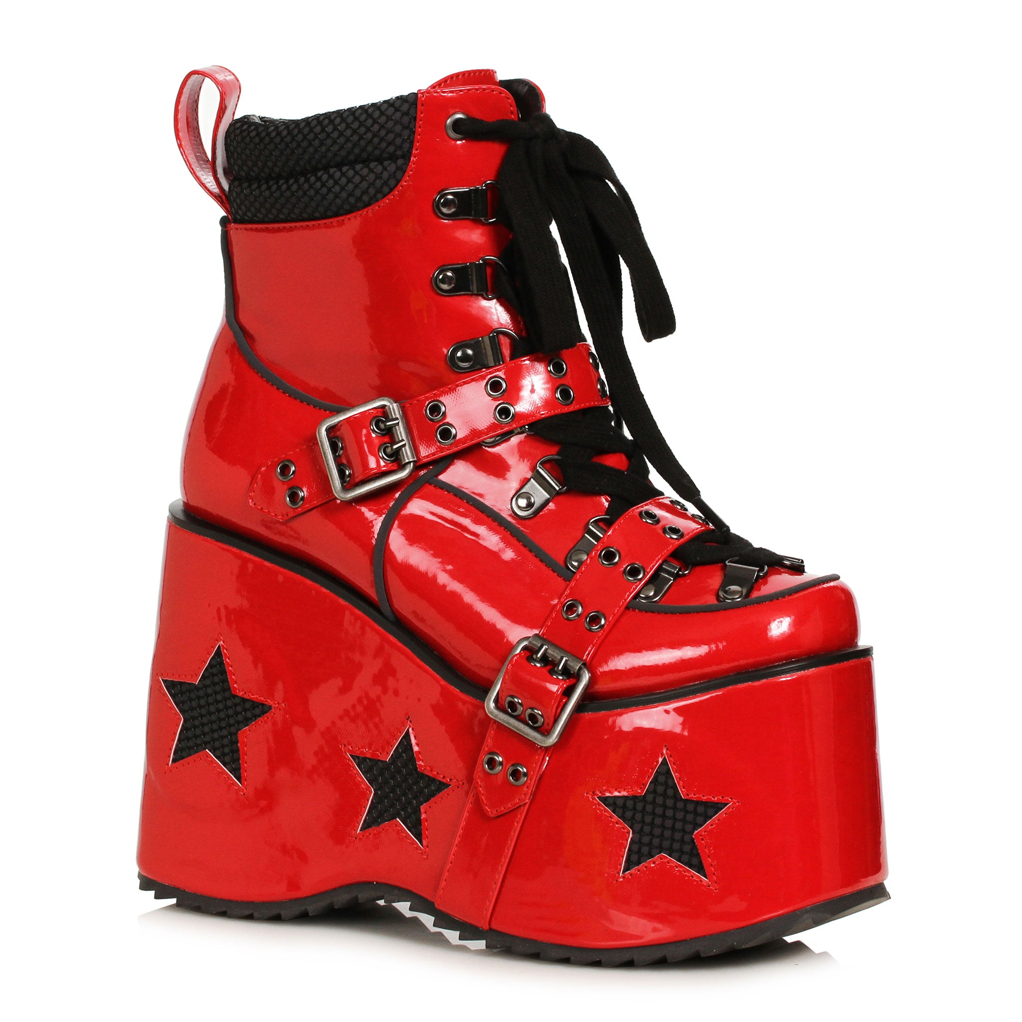 TPU rubber thermoplastic-urethane rubber footwear boots booties calf-high above-the-ankle platform platform-sole chunky-platform buckle-straps stars inside-zip zipper shiny glossy stunning elevation celestial charming edgy bold standout fashion alt-fashion rave rave-babe ravewear festival costume cosplay halloween red black