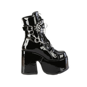 PVC chunky platform booties black patent leather, 5 inch heel fetish goth boots with 3 inch platform, chain stud o-ring ankle boots, punk rock statement fetish footwear, removable chain detail combat boots, Fetish Factory high platform shoes