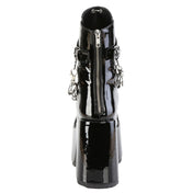 PVC chunky platform booties black patent leather, 5 inch heel fetish goth boots with 3 inch platform, chain stud o-ring ankle boots, punk rock statement fetish footwear, removable chain detail combat boots, Fetish Factory high platform shoes