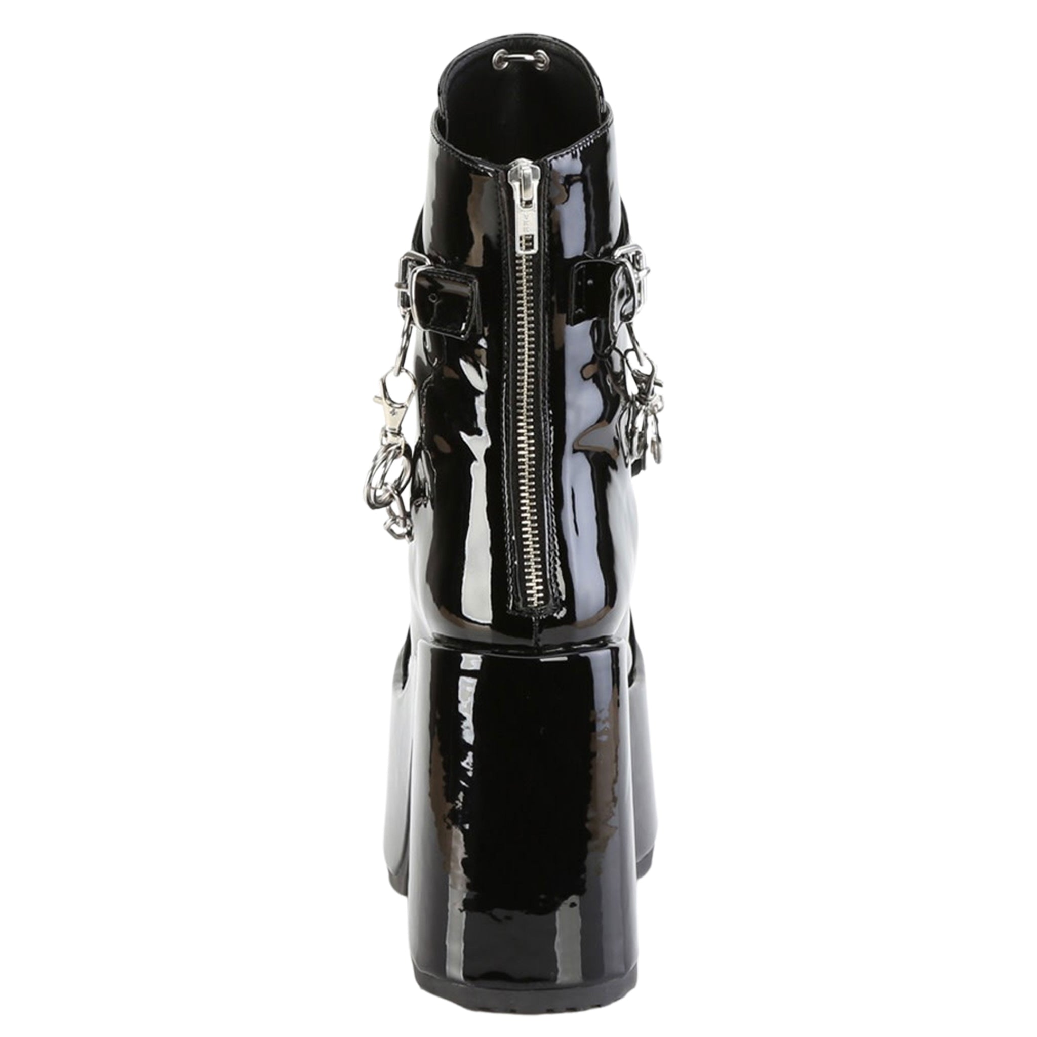 PVC chunky platform booties black patent leather, 5 inch heel fetish goth boots with 3 inch platform, chain stud o-ring ankle boots, punk rock statement fetish footwear, removable chain detail combat boots, Fetish Factory high platform shoes