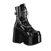 PVC chunky platform booties black patent leather, 5 inch heel fetish goth boots with 3 inch platform, chain stud o-ring ankle boots, punk rock statement fetish footwear, removable chain detail combat boots, Fetish Factory high platform shoes