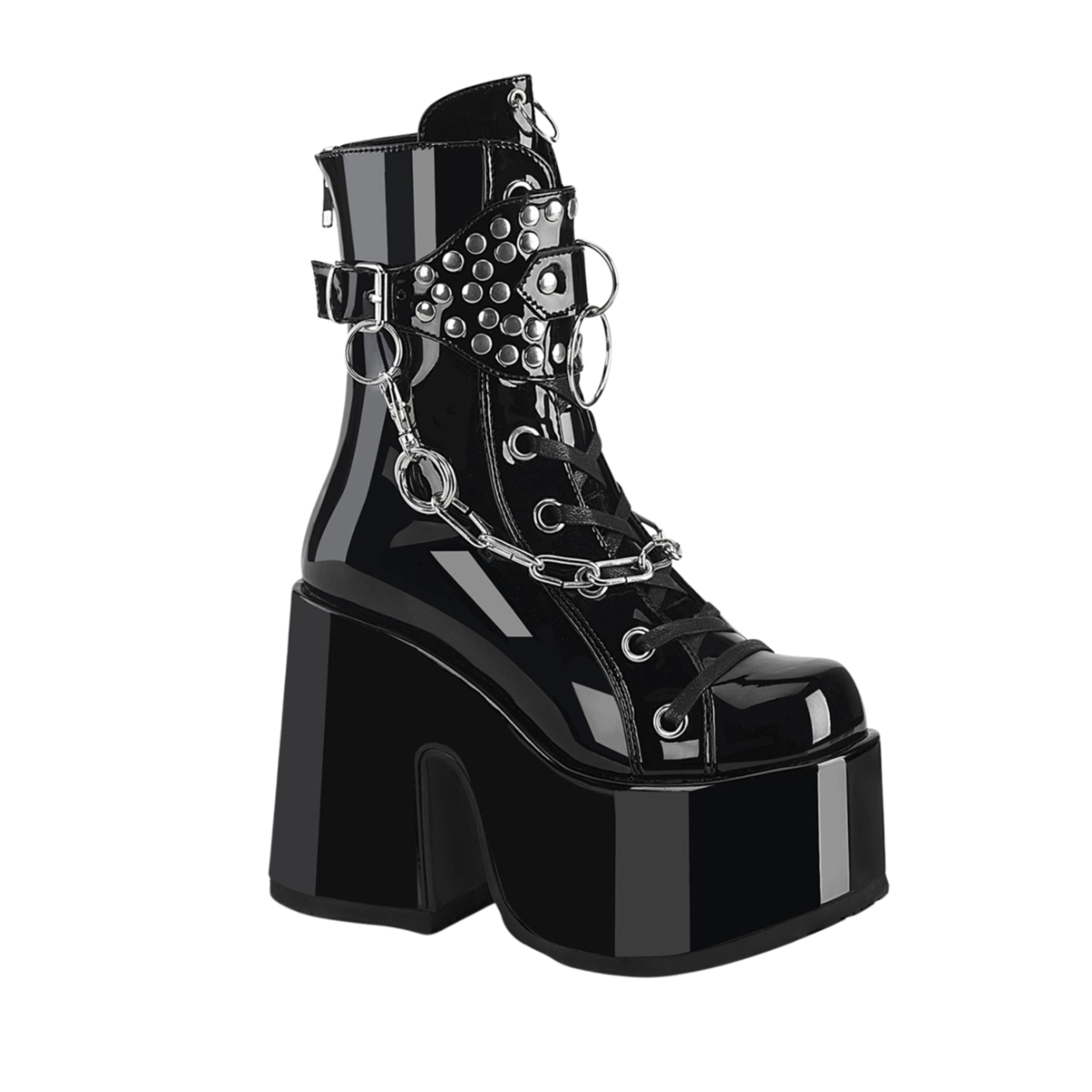 PVC chunky platform booties black patent leather, 5 inch heel fetish goth boots with 3 inch platform, chain stud o-ring ankle boots, punk rock statement fetish footwear, removable chain detail combat boots, Fetish Factory high platform shoes