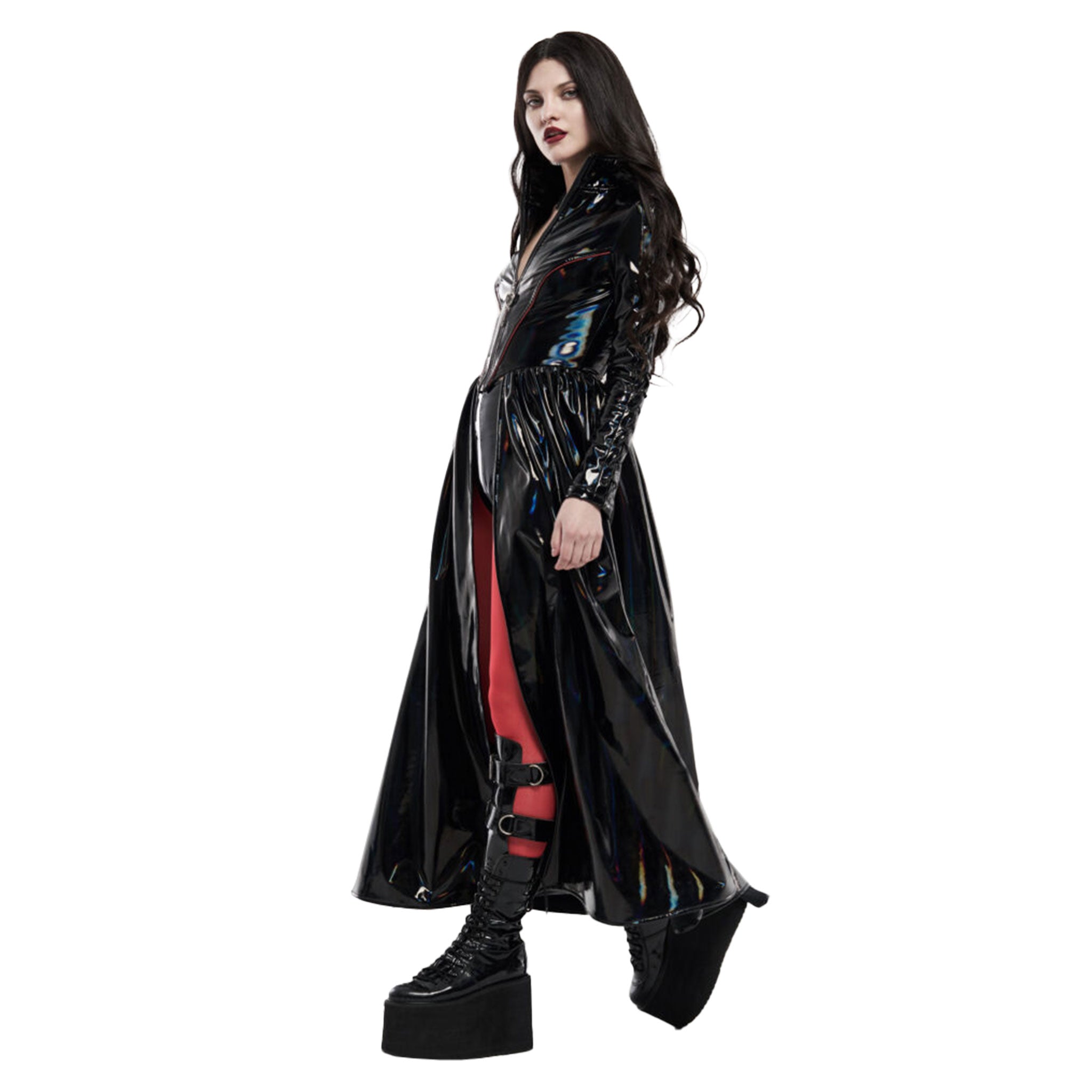 Wetlook PVC vinyl polyester elastane dress maxi-dress coat corset lace-up laceup laced-back longsleeve long-sleeve sleeves sleeved contrast-piping gathered-seams front-zip full-zip zipper phurba-zip heart-shaped high-collar high-gloss shiny glossy rave ravewear rave-wear gorgeous cyber cyber-punk matrix costume cosplay halloween female femme feminine women black AB oilslick oil-slick