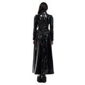 Wetlook PVC vinyl polyester elastane dress maxi-dress coat corset lace-up laceup laced-back longsleeve long-sleeve sleeves sleeved contrast-piping gathered-seams front-zip full-zip zipper phurba-zip heart-shaped high-collar high-gloss shiny glossy rave ravewear rave-wear gorgeous cyber cyber-punk matrix costume cosplay halloween female femme feminine women black AB oilslick oil-slick