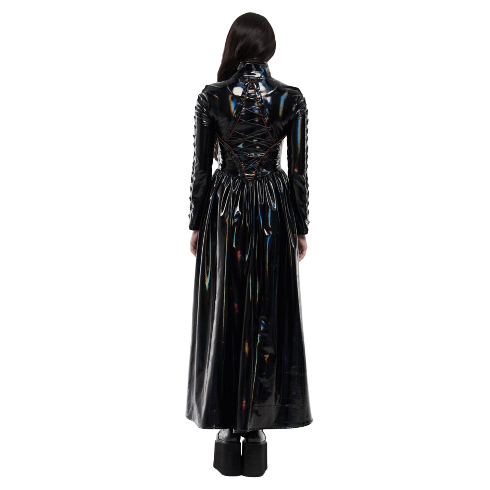 Wetlook PVC vinyl polyester elastane dress maxi-dress coat corset lace-up laceup laced-back longsleeve long-sleeve sleeves sleeved contrast-piping gathered-seams front-zip full-zip zipper phurba-zip heart-shaped high-collar high-gloss shiny glossy rave ravewear rave-wear gorgeous cyber cyber-punk matrix costume cosplay halloween female femme feminine women black AB oilslick oil-slick