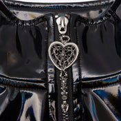 Wetlook PVC vinyl polyester elastane dress maxi-dress coat corset lace-up laceup laced-back longsleeve long-sleeve sleeves sleeved contrast-piping gathered-seams front-zip full-zip zipper phurba-zip heart-shaped high-collar high-gloss shiny glossy rave ravewear rave-wear gorgeous cyber cyber-punk matrix costume cosplay halloween female femme feminine women black AB oilslick oil-slick