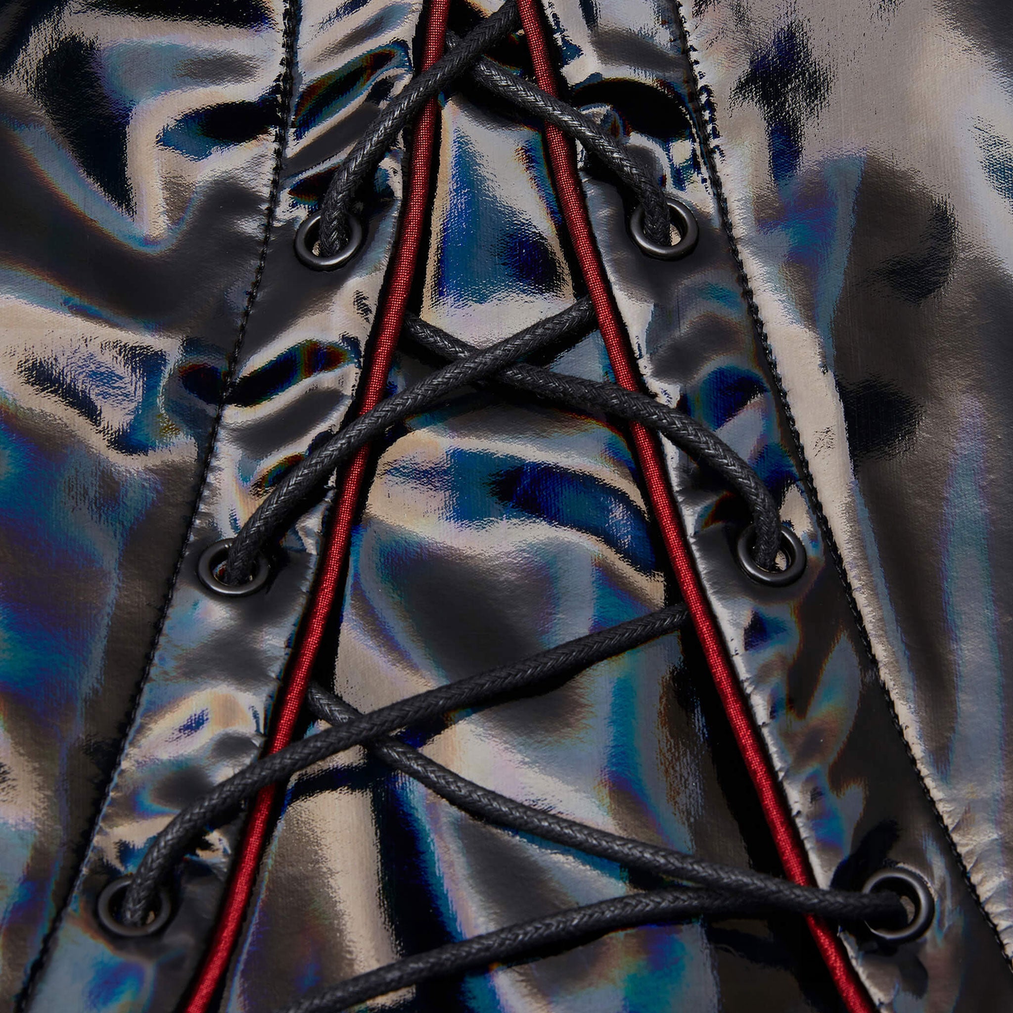 Wetlook PVC vinyl polyester elastane dress maxi-dress coat corset lace-up laceup laced-back longsleeve long-sleeve sleeves sleeved contrast-piping gathered-seams front-zip full-zip zipper phurba-zip heart-shaped high-collar high-gloss shiny glossy rave ravewear rave-wear gorgeous cyber cyber-punk matrix costume cosplay halloween female femme feminine women black AB oilslick oil-slick