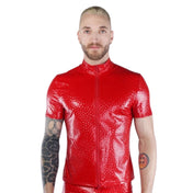PVC vinyl elastane polyurethane polyester tops shirt shortsleeve short-sleeve classic zipper front-zup dual-direction 
eye-catching shiny glossy holographic pattern geometric fetish fashion alt-fashion cyber cyber-punk male masculine masc mens menswear guys dudes red